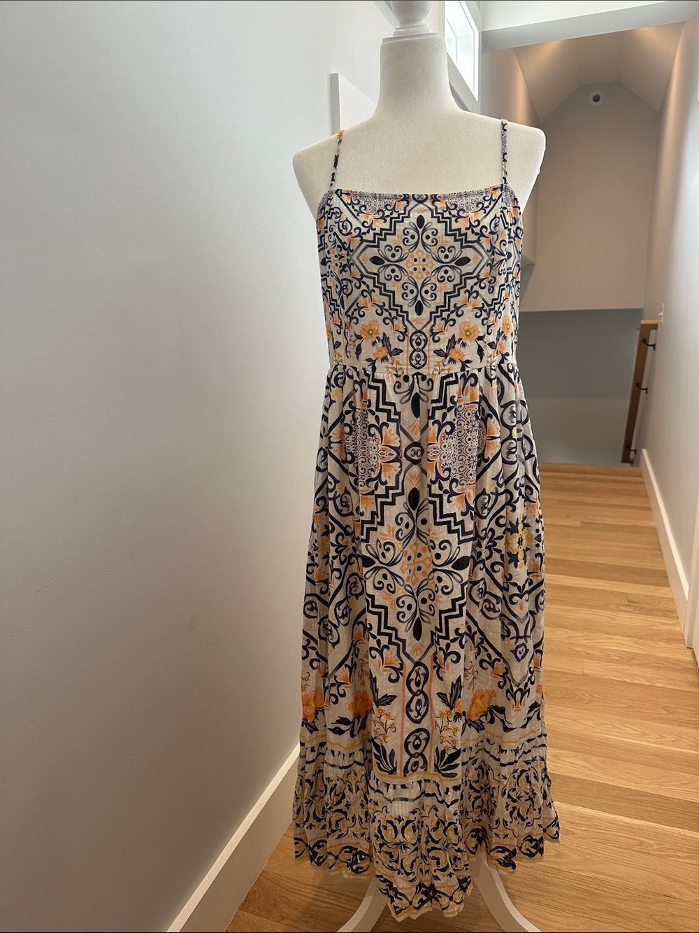 Spaghetti Strap Floral Tile Print Maxi Dress - Blue & Cream